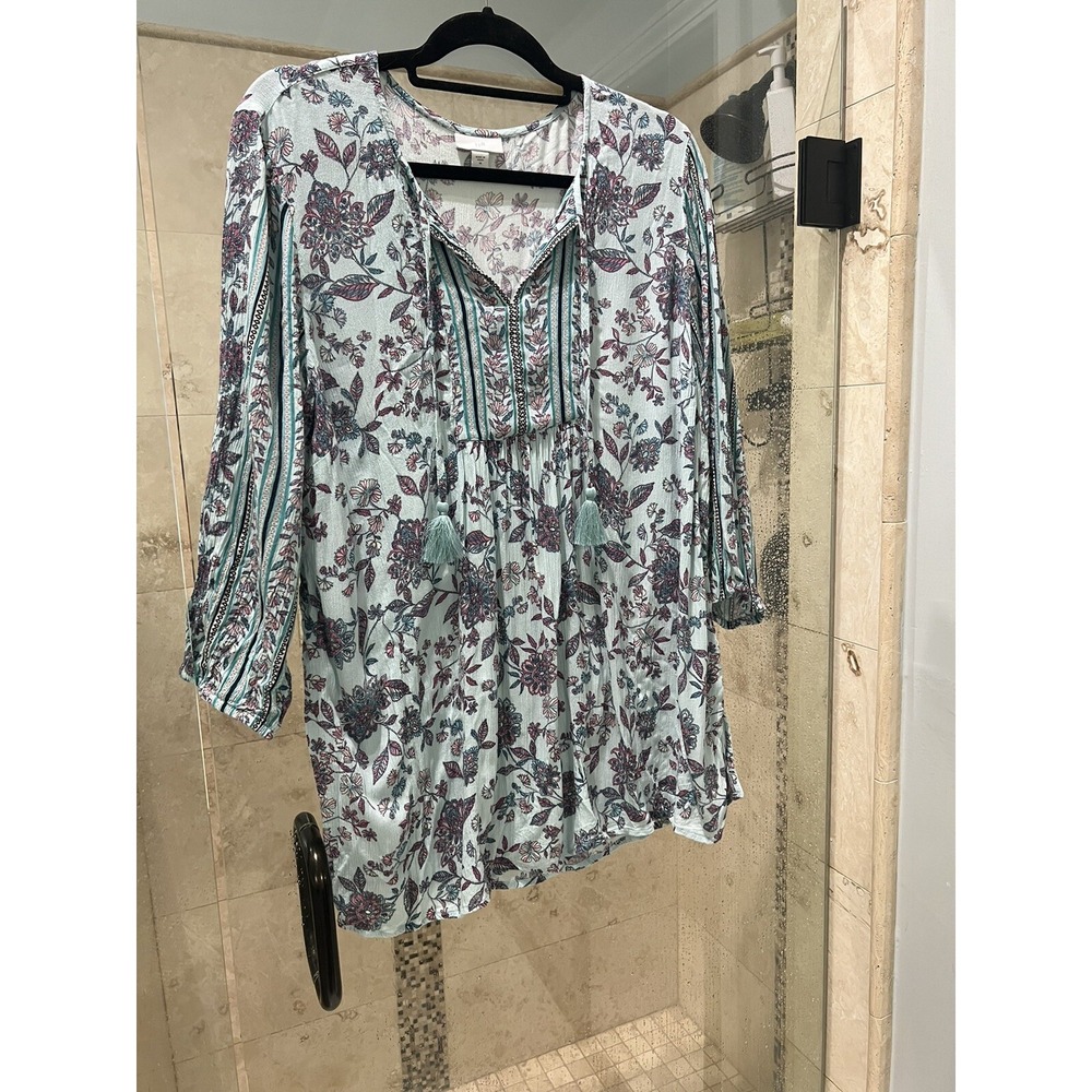 J. Jill Rayon Batik Floral Tunic Top Teal Multicolor Tassels 3/4 Sleeve Size M